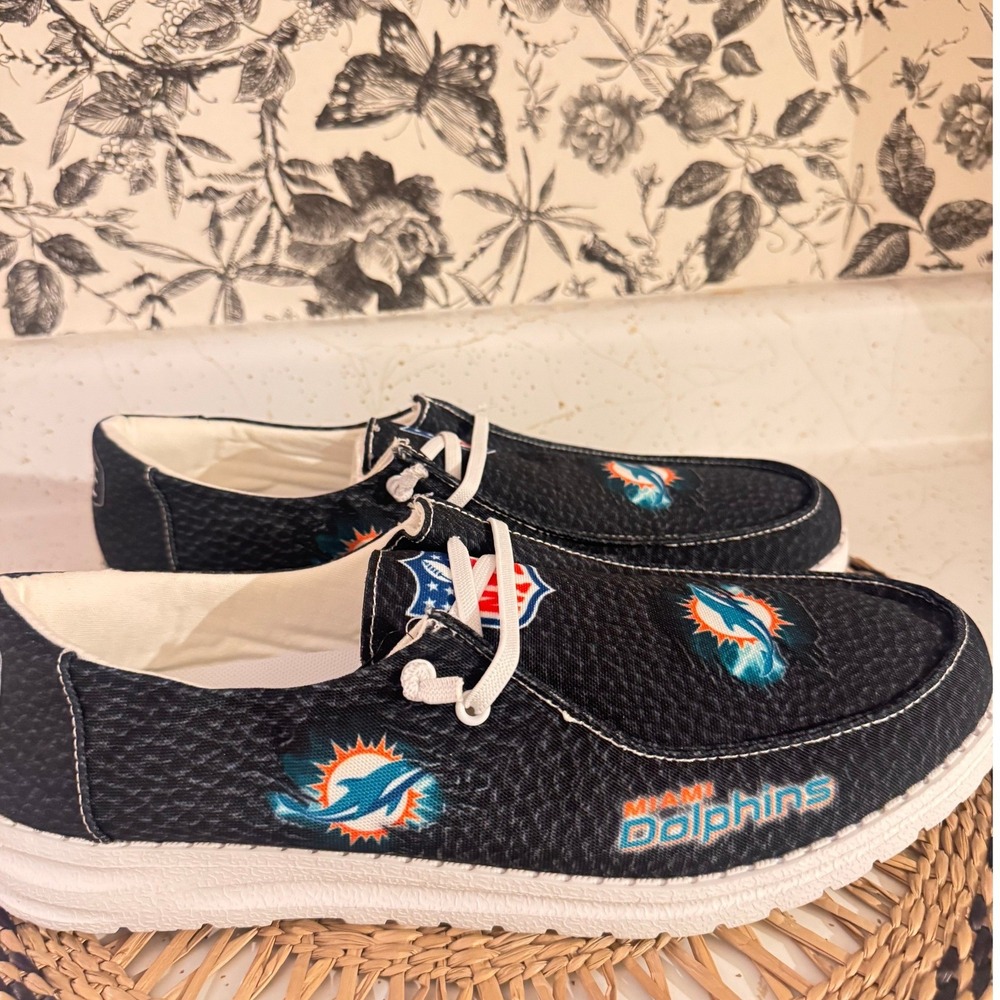 Miami Dolphins Slip On Loafers Mens Size 47 Black Canvas Casual Shoes New